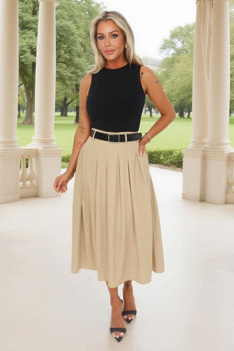 Stone 2 in 1 Pleated Skirt Belted Midi Dress by AX PARIS