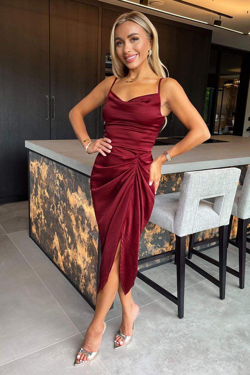 Wine Satin Strappy Cowl Neck Gathered Skirt Midi Dress by AX PARIS