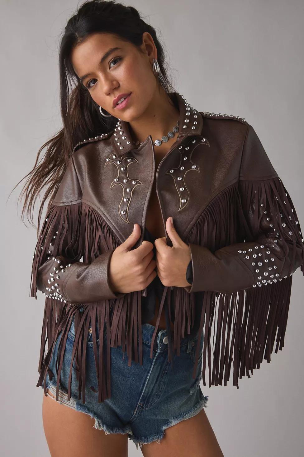 Azalea Wang Reece Studded Fringe Faux Leather Jacket by AZALEA WANG