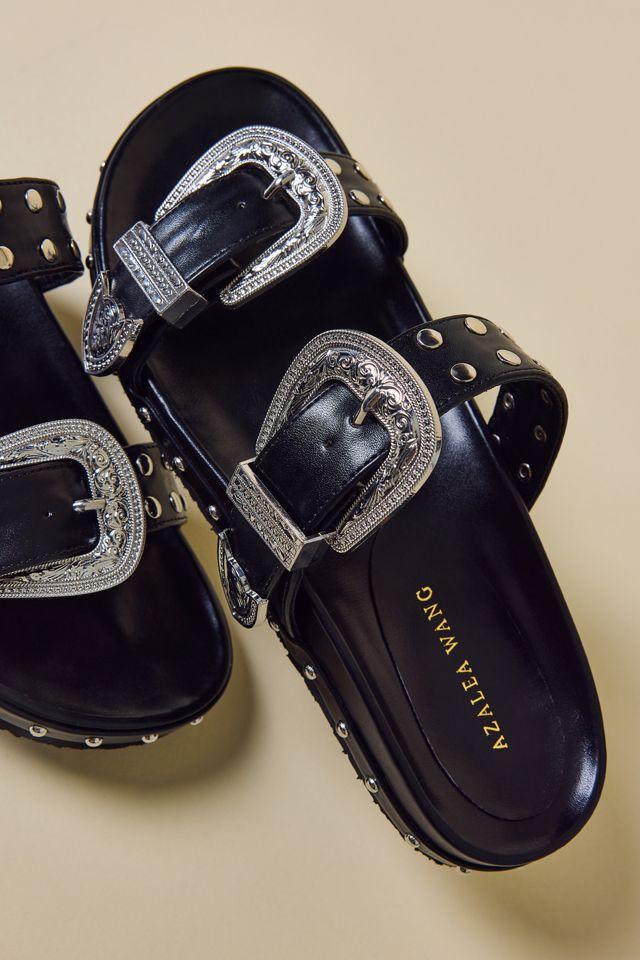 Azalea Wang Tegan Western Buckle Slide Sandals by AZALEA WANG