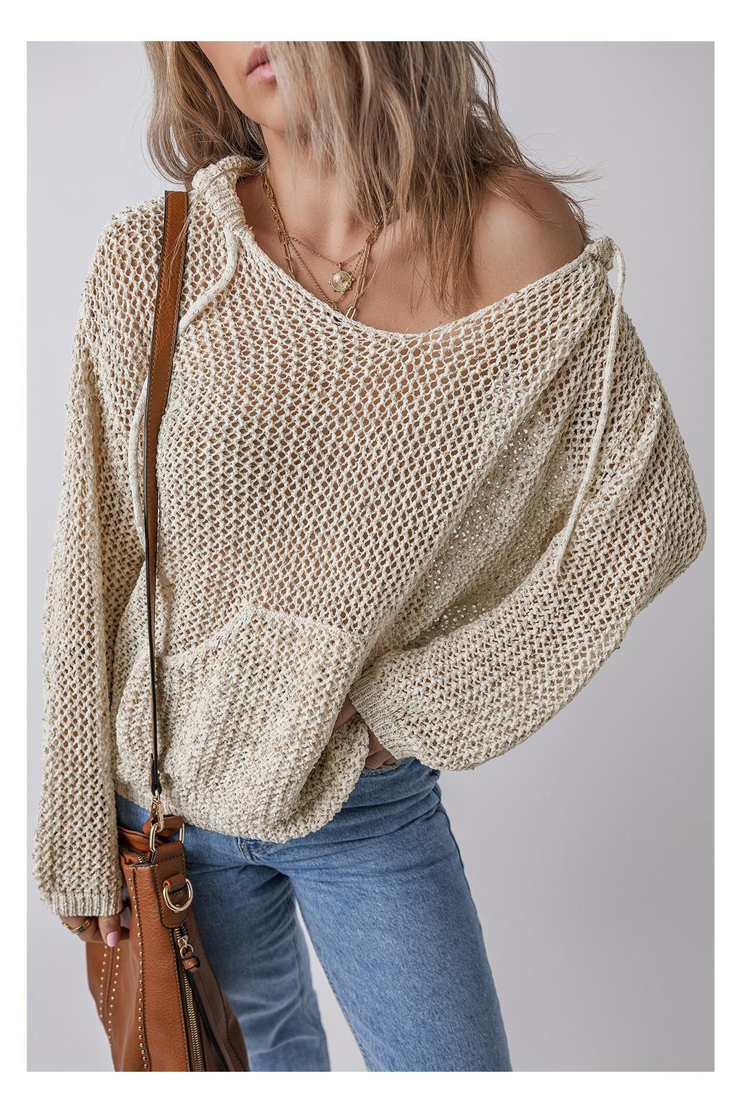 Jet Stream Hollow-out Kangaroo Pocket V Neck Hooded Sweater Women by AZURA EXCHANGE