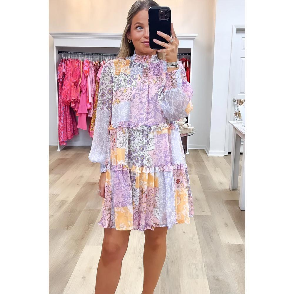 Multicolour Floral Smocked Mock Neck Ruffled Tiered Bubble Sleeve by AZURA EXCHANGE