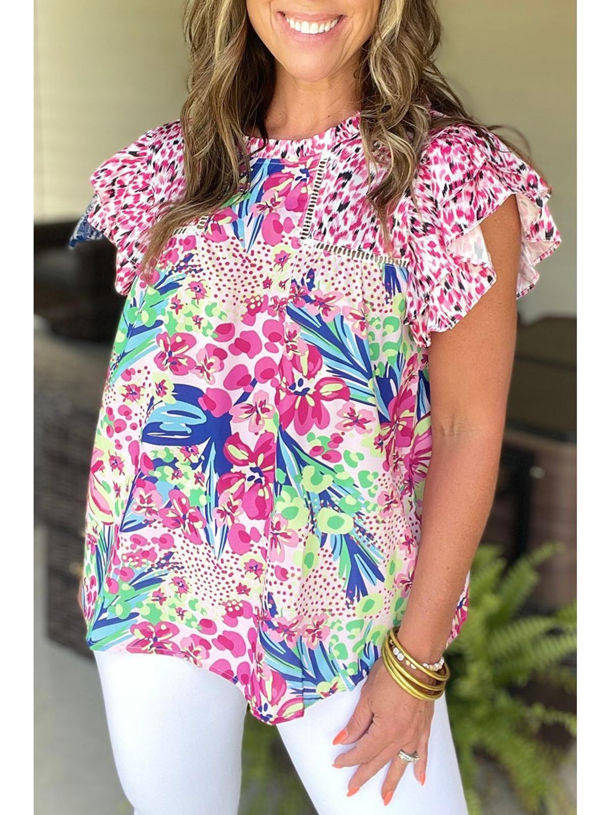 Pink Floral Mixed Print Ruffle Cap Sleeve Blouse Shirts by AZURA EXCHANGE