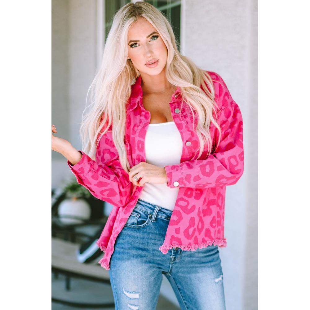 Pink Leopard Print Button Cuffs Raw Hem Jacket Women Denim Jackets by AZURA EXCHANGE