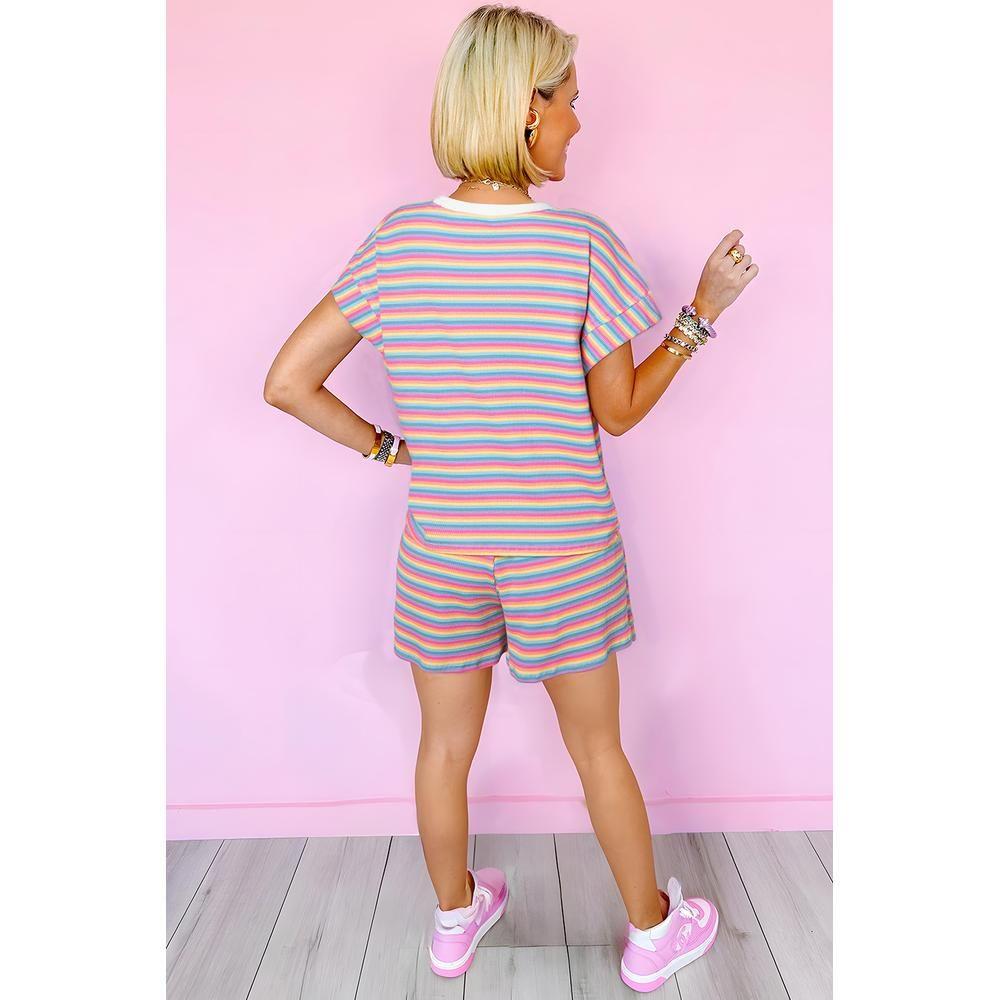 Pink Stripe Crew Neck Tee and Tasseled Drawstring Shorts Set Women by AZURA EXCHANGE Pink Stripe Crew Neck Tee and Tasseled Drawstring Shorts Set Women by AZURA EXCHANGE