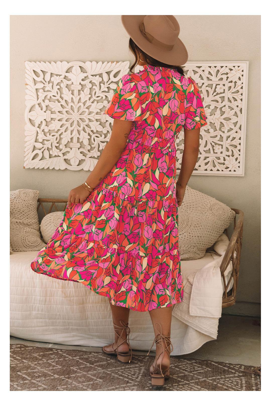 Rose Floral Short Sleeve Smocked Waist Maxi dress Women by AZURA EXCHANGE