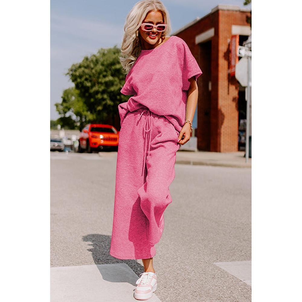 Strawberry Pink Textured Loose Fit T Shirt and Drawstring Pants Set by AZURA EXCHANGE