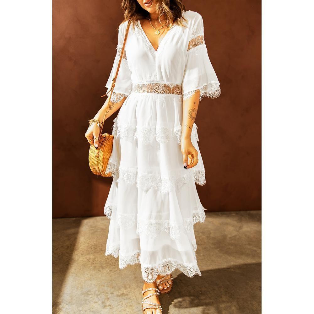 White Lace Tiered Maxi Dress Dresses by AZURA EXCHANGE