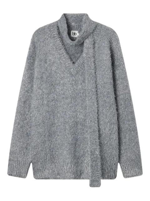 v-neck attached-scarf sweater by B+AB