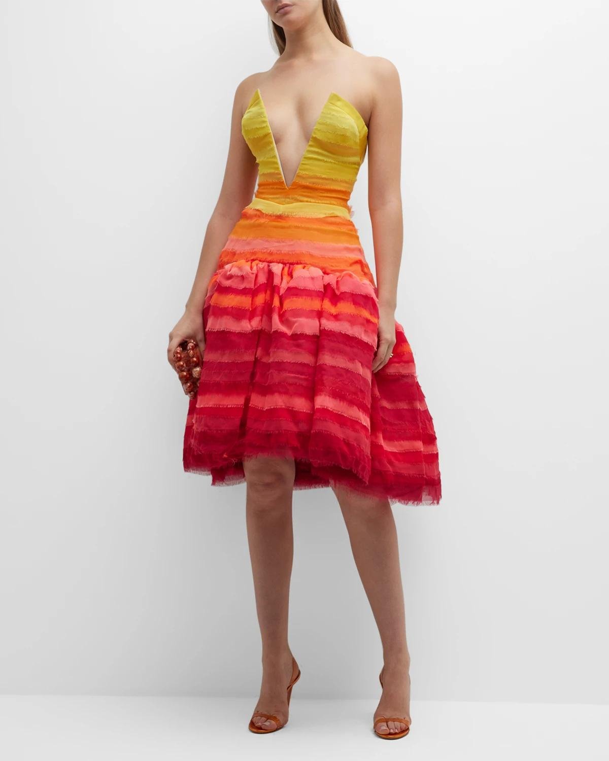 Volant Plunging Strapless Ombre Chiffon Fit-&-Flare Dress by BACH MAI