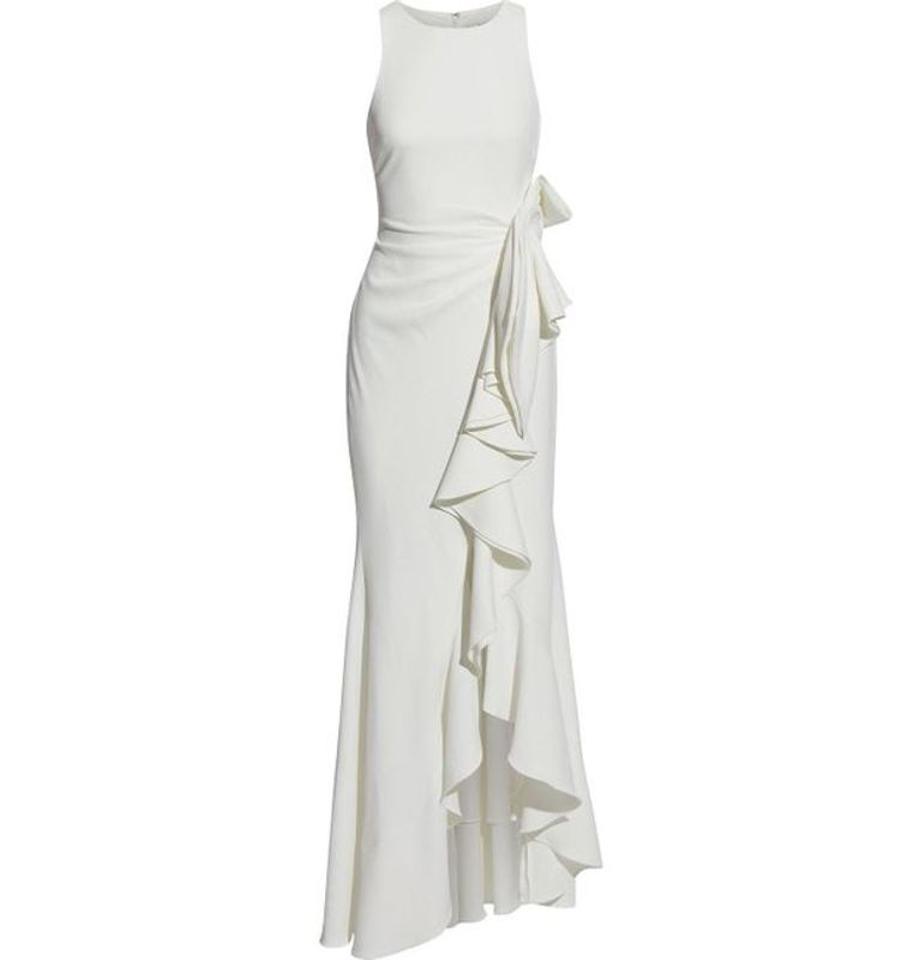 Badgley Mischka White Women's Asymmetric Ruffled Bow-embellished Stre Long Formal Dress by BADGLEY MISCHKA