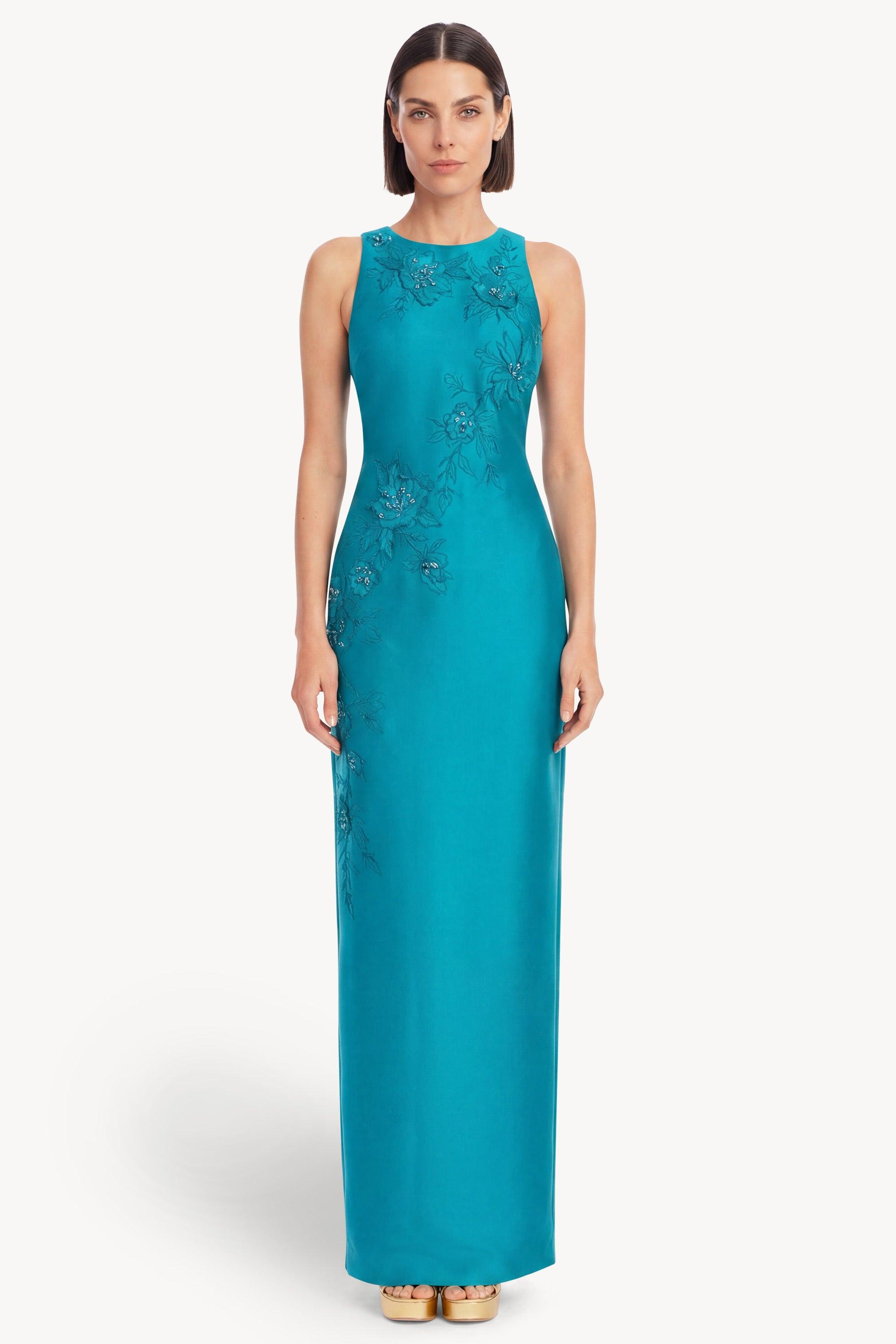Beaded Applique Embellished Column Gown by BADGLEY MISCHKA