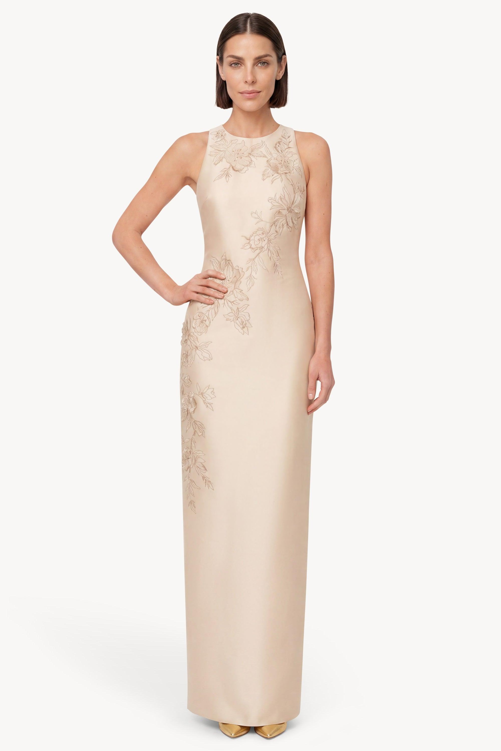 Beaded Applique Sleeveless Column Gown by BADGLEY MISCHKA