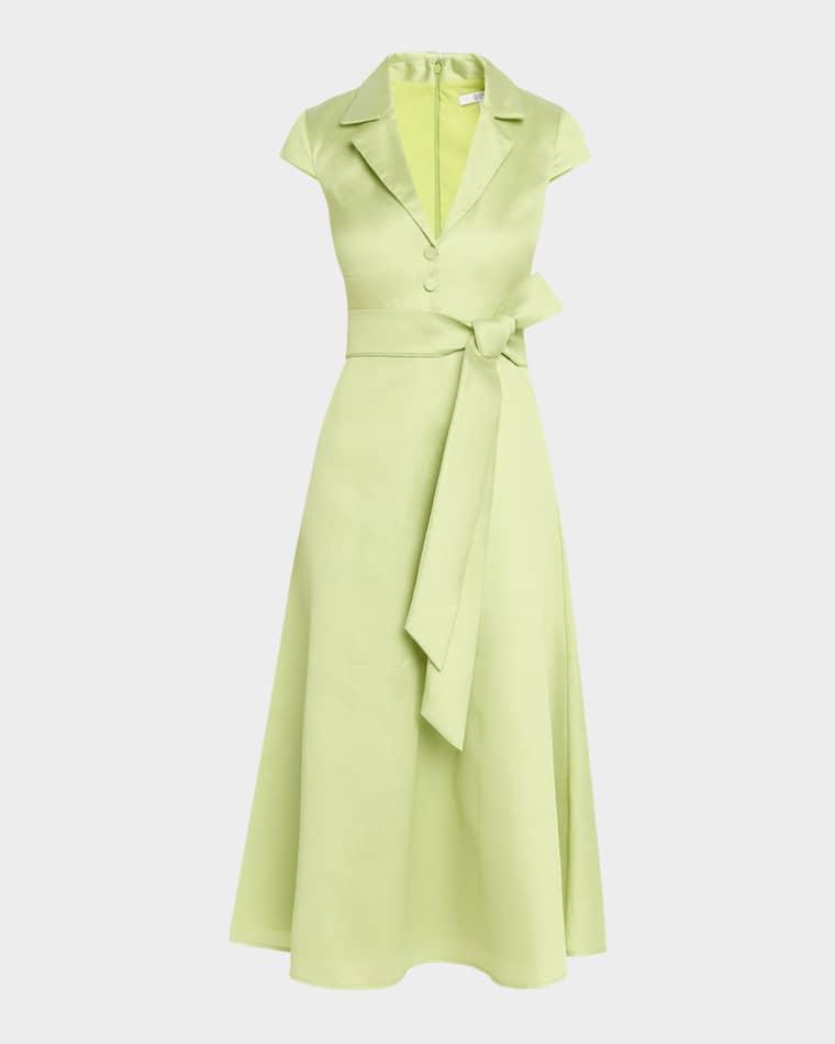 Belted Cap-Sleeve Pebble Gazar Midi Shirtdress by BADGLEY MISCHKA