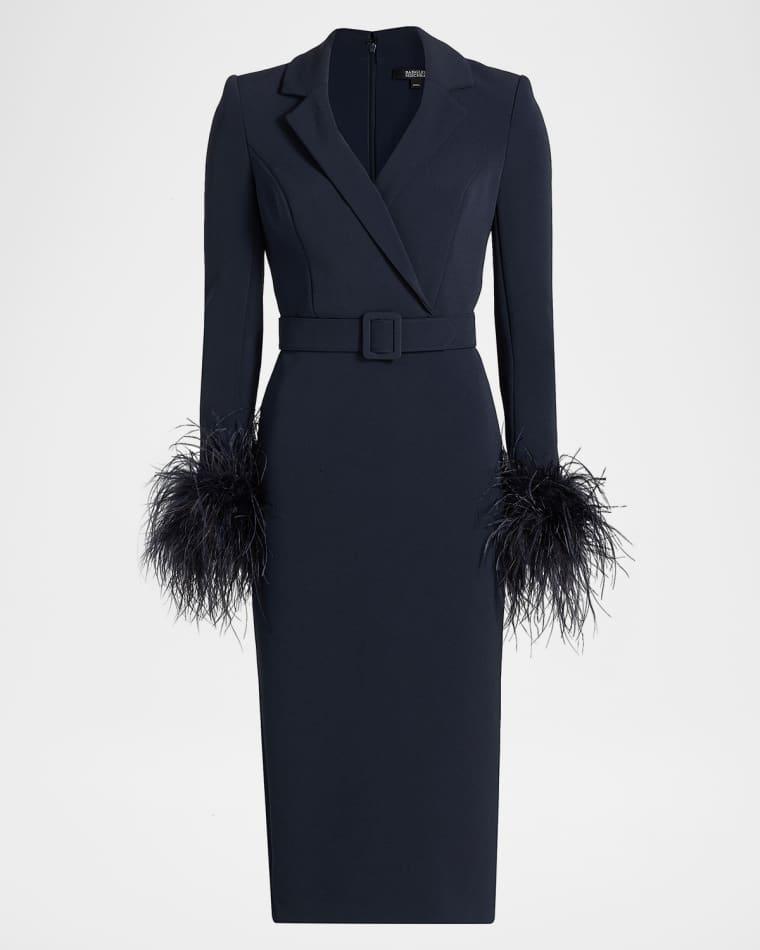 Belted Feather-Cuff Midi Sheath Dress by BADGLEY MISCHKA