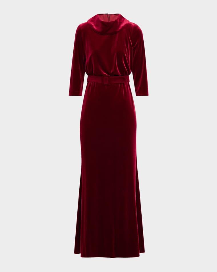 Belted Funnel-Neck Velvet Gown by BADGLEY MISCHKA