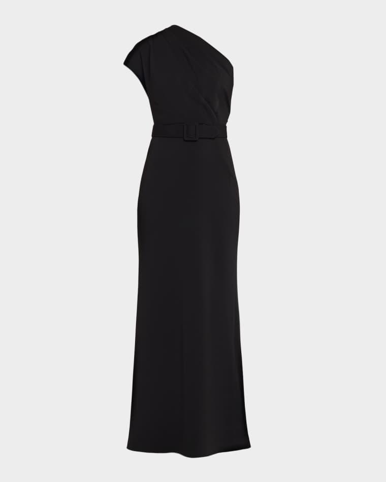 Belted One-Shoulder Column Gown by BADGLEY MISCHKA