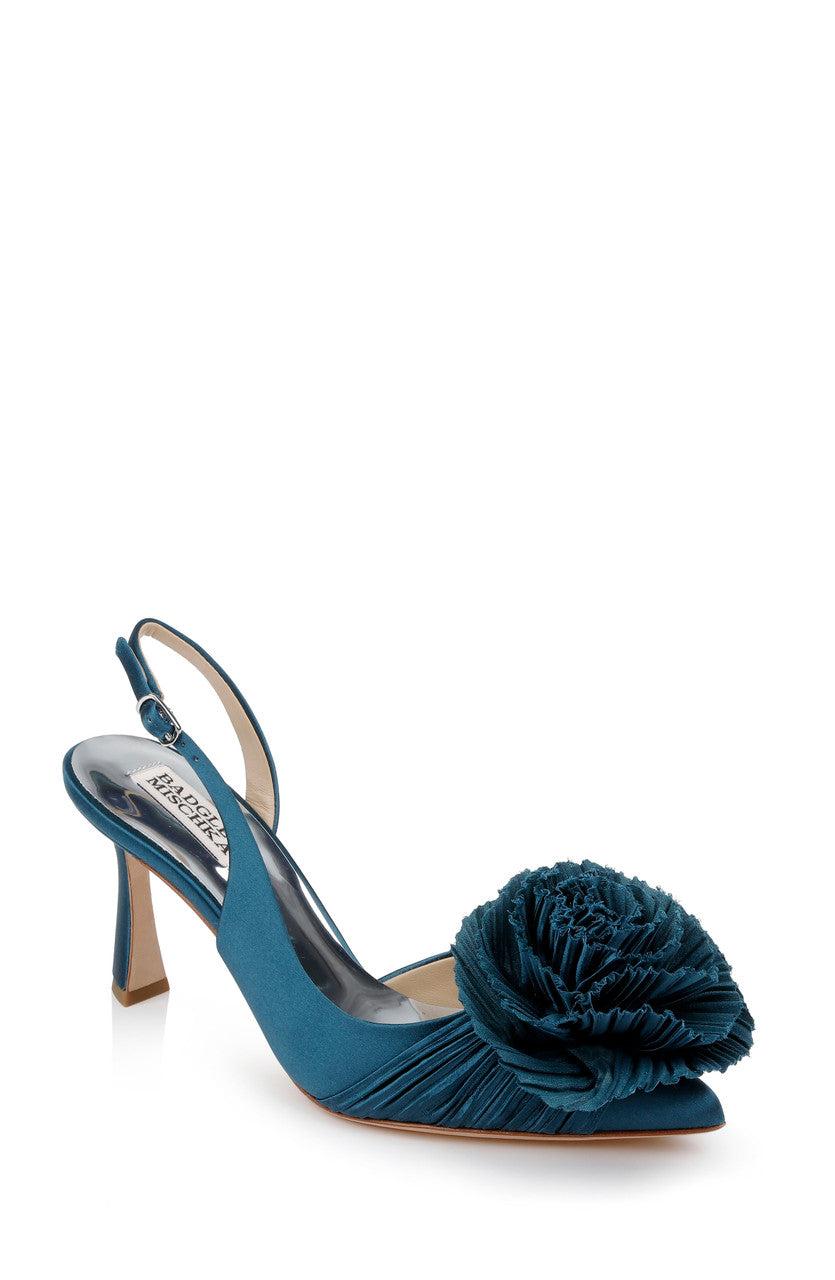 Blaire Pleated Satin Slingback Heels with Floral Detail by BADGLEY MISCHKA