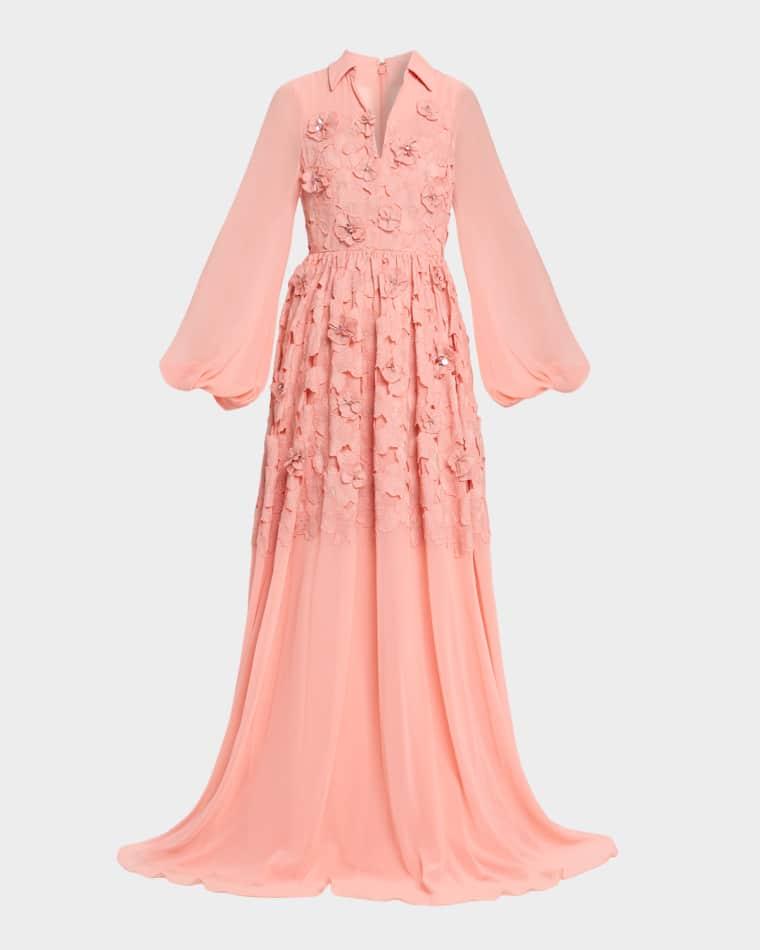 Blouson-Sleeve Floral Lace Georgette Gown by BADGLEY MISCHKA