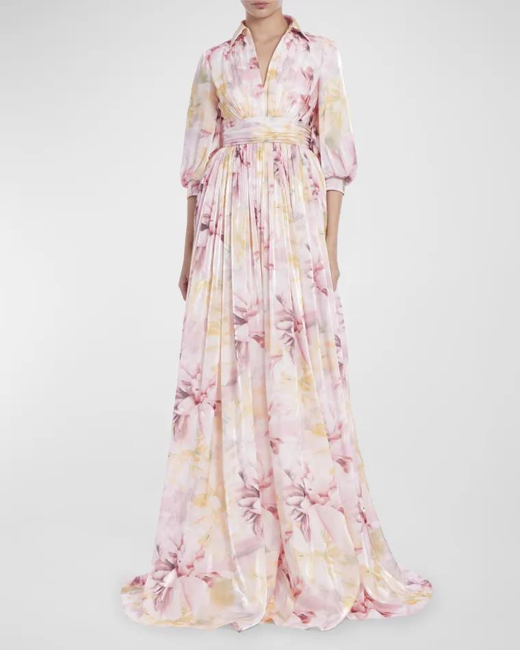 Blouson-Sleeve Shimmer Floral-Print Empire Gown by BADGLEY MISCHKA Blouson-Sleeve Shimmer Floral-Print Empire Gown by BADGLEY MISCHKA