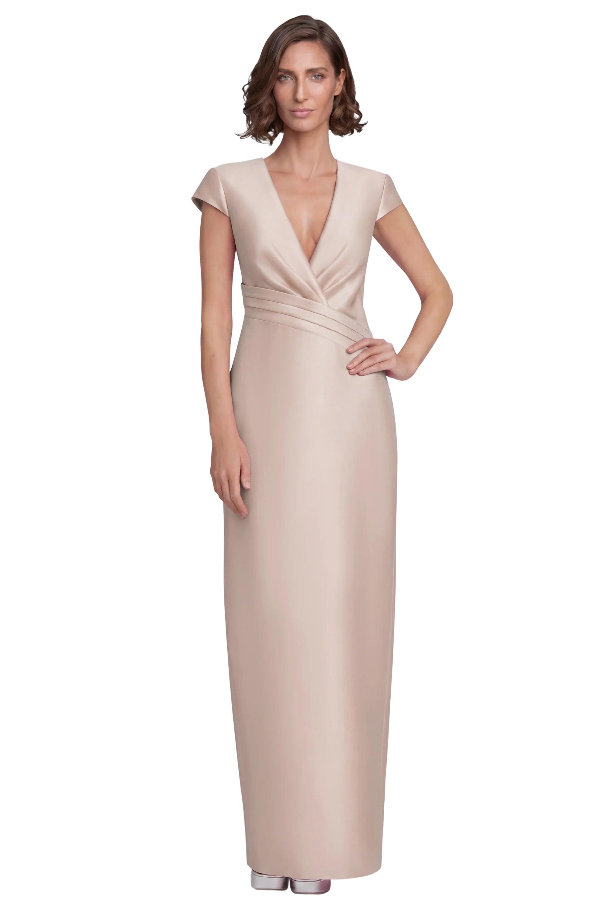 Cap Sleeve V-Neck Column Gown by BADGLEY MISCHKA