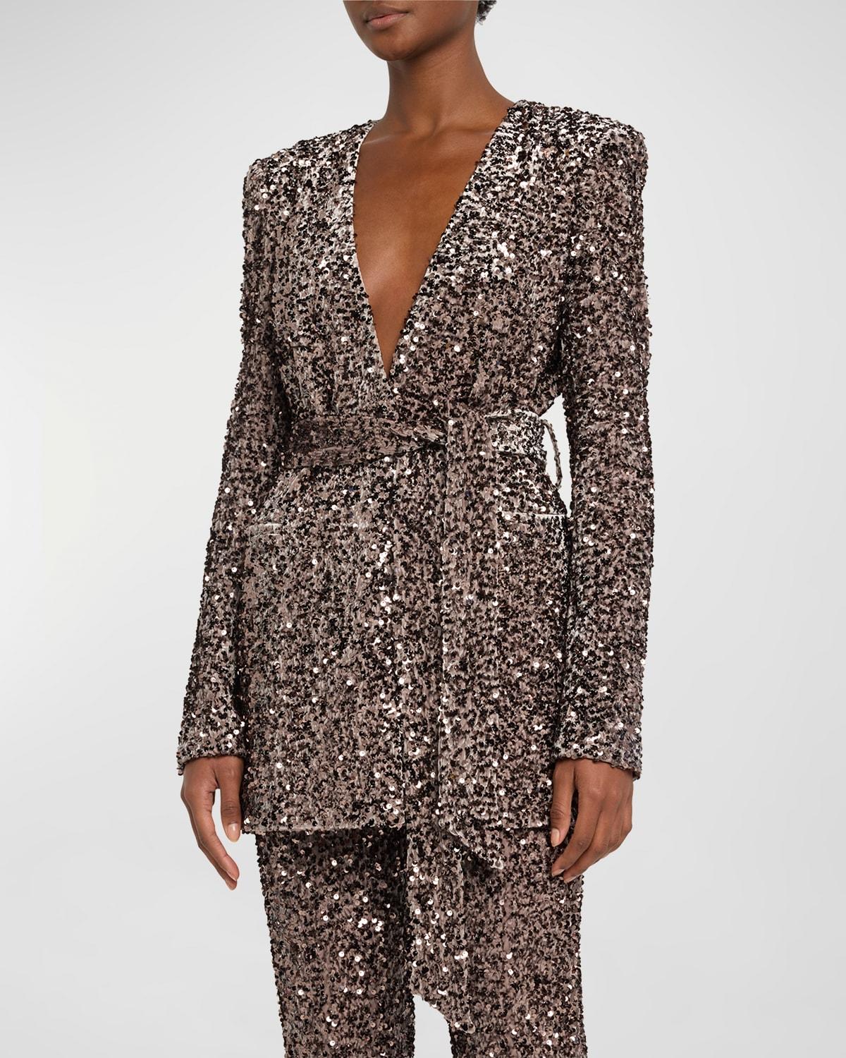 Deep V-Neck Sequin Velvet Blazer by BADGLEY MISCHKA