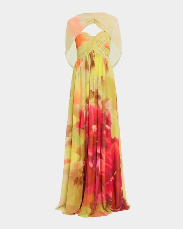 Draped Floral-Print Georgette Gown by BADGLEY MISCHKA