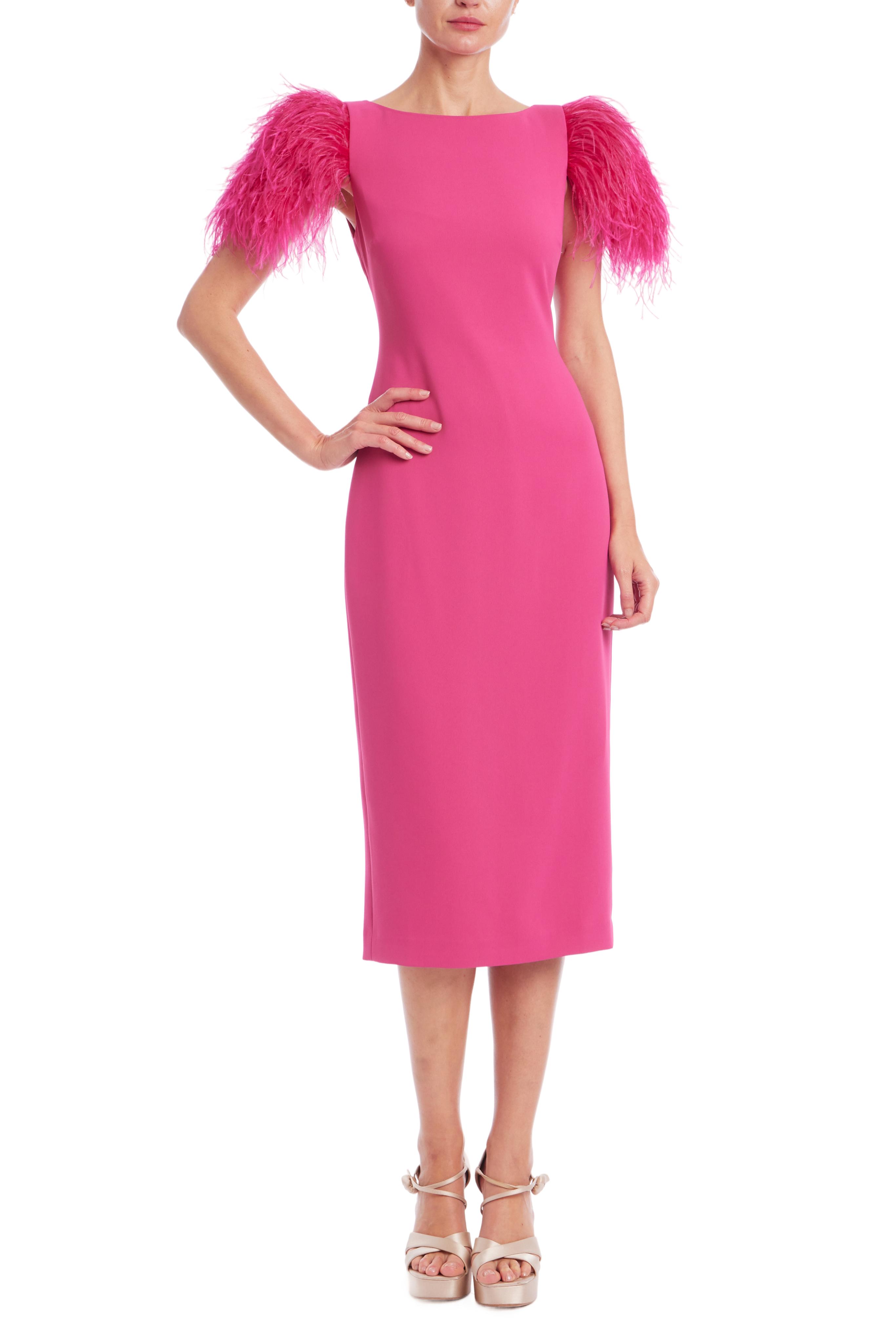 Feather Shoulder Sheath Dress by BADGLEY MISCHKA