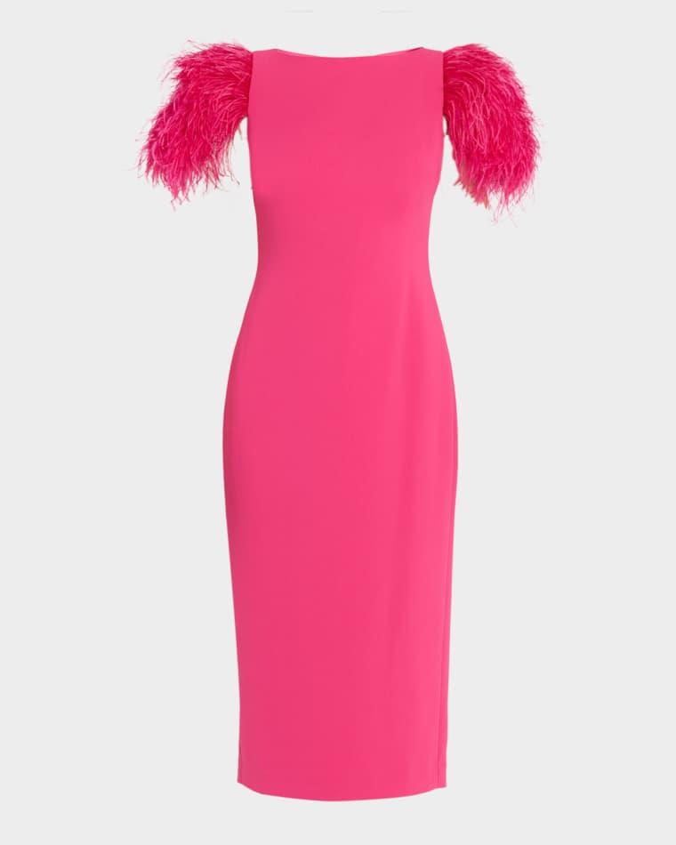 Feather-Sleeve Crepe Midi Sheath Dress by BADGLEY MISCHKA