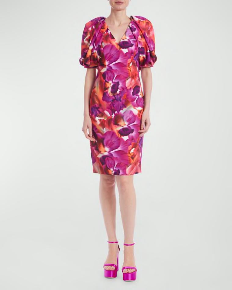 Floral-Print Blouson-Sleeve Bodycon Midi Dress by BADGLEY MISCHKA