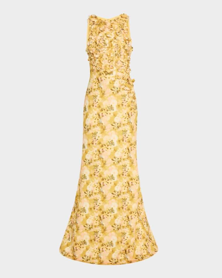 Floral-Print Scuba Trumpet Gown by BADGLEY MISCHKA