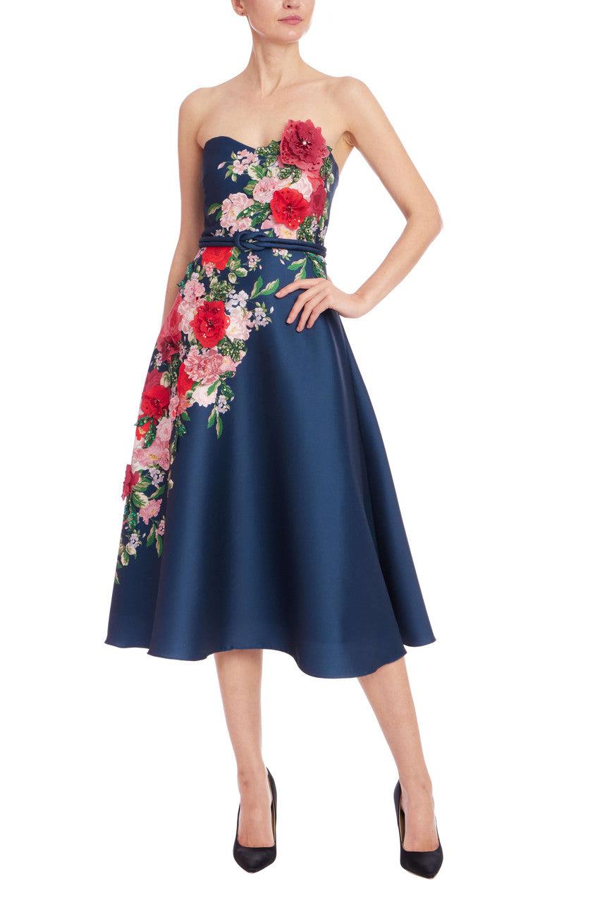 Floral Strapless A-Line Midi Dress by BADGLEY MISCHKA