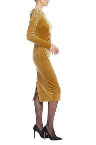 Gold Velvet Long Sleeve Beaded Shoulder Midi Dress by BADGLEY MISCHKA