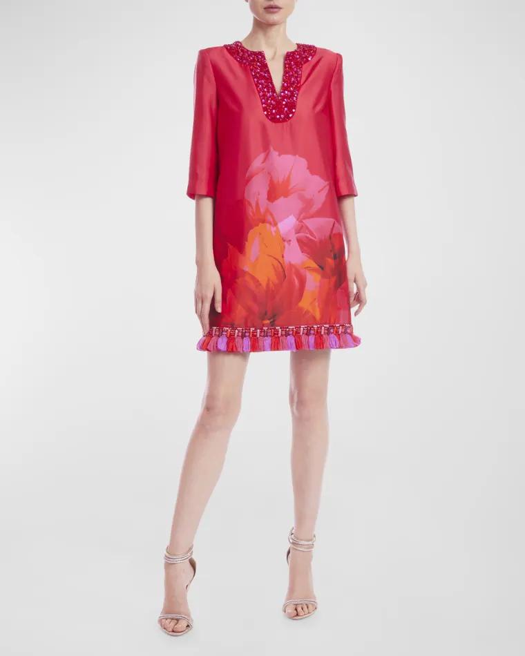 Jewel-Embellished Tasseled Tunic Mini Dress by BADGLEY MISCHKA