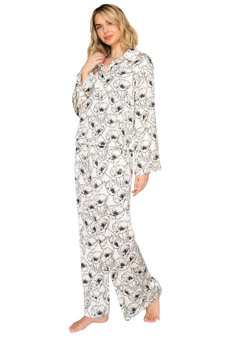 Luxe Floral Satin Long Sleeve & Wide Leg Pajama Set by BADGLEY MISCHKA