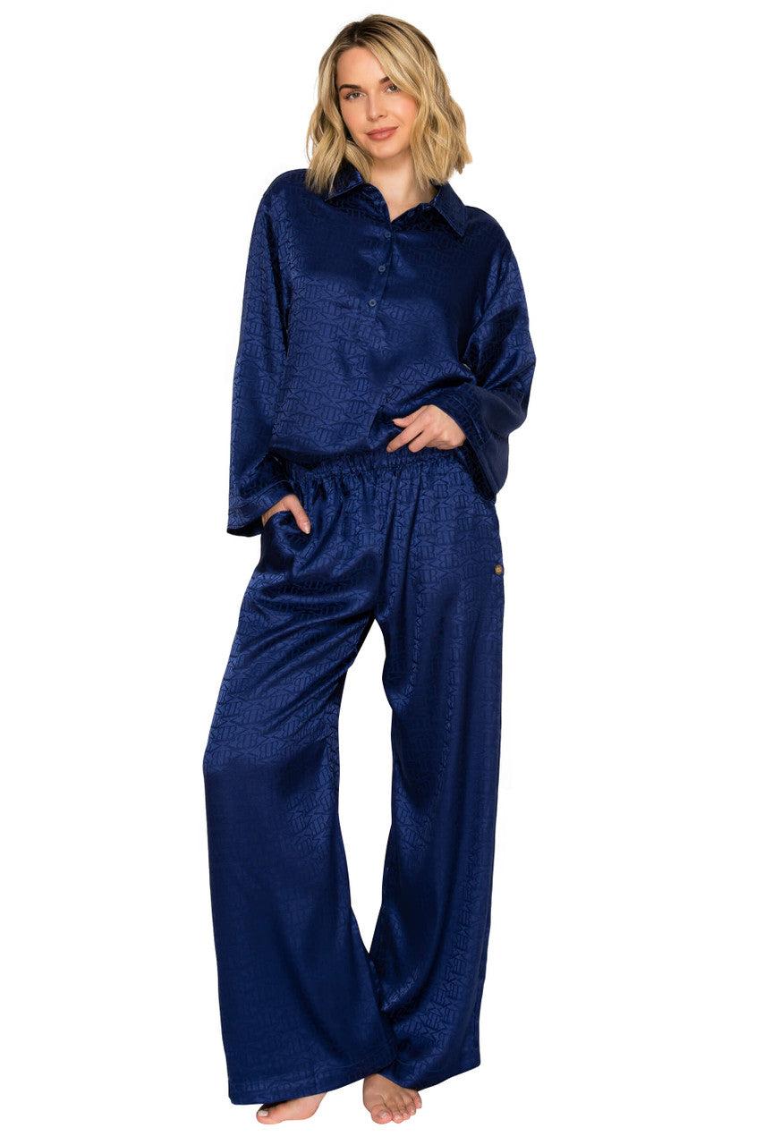 Luxe Monogram Satin Long Sleeve Wide Leg Pajama Set by BADGLEY MISCHKA