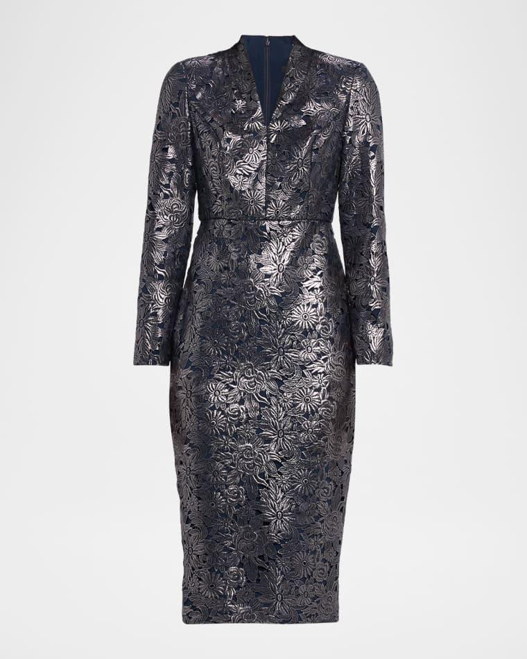 Metallic Floral Lace Midi Sheath Dress by BADGLEY MISCHKA