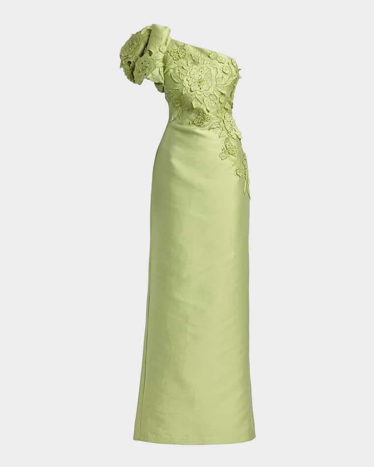 One-Shoulder Pebble Gazar Column Gown by BADGLEY MISCHKA