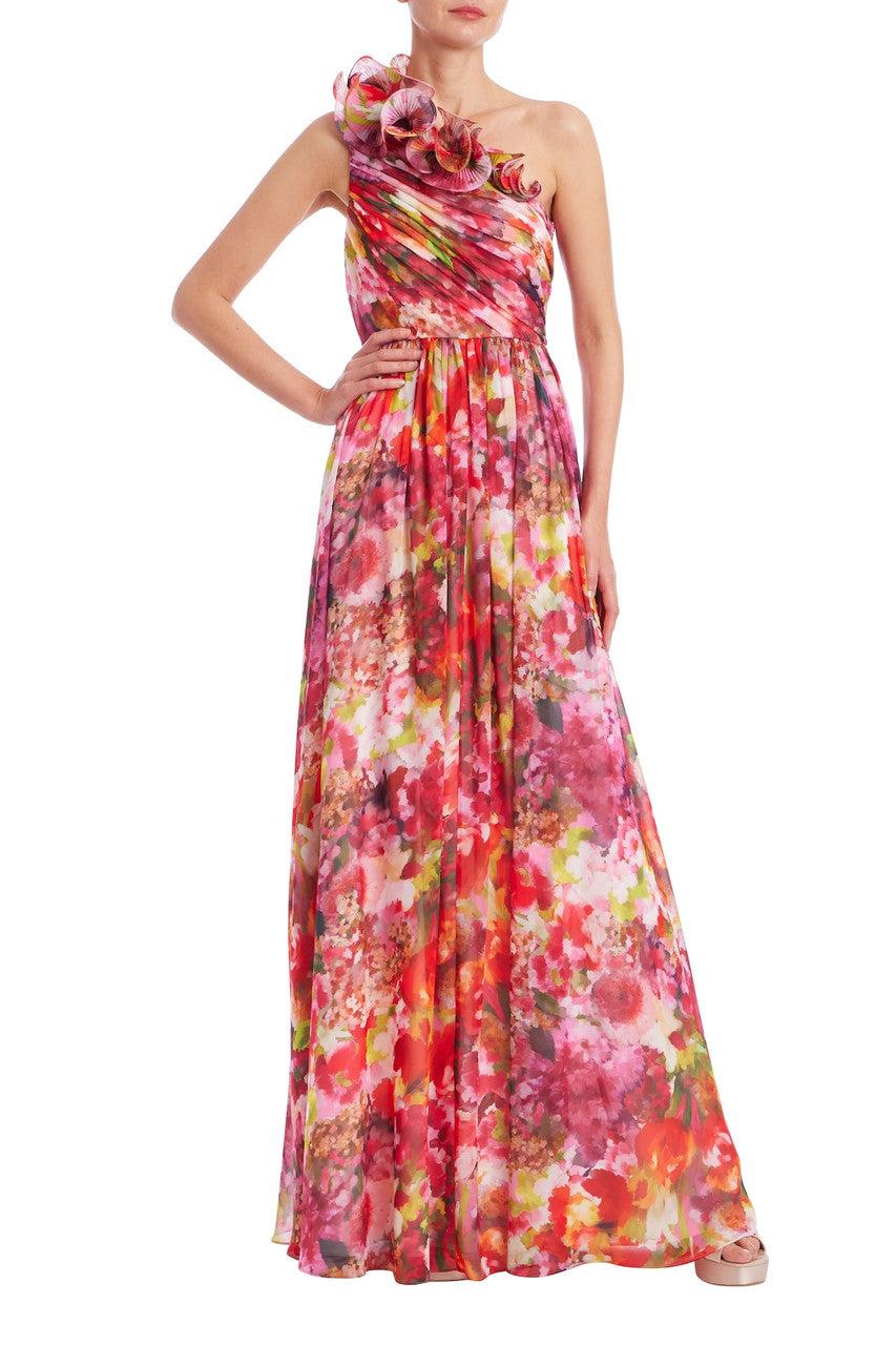 One-Shoulder Ruffle Floral Print Gown by BADGLEY MISCHKA