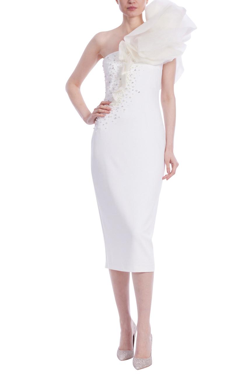 Pearl-Crystal Organza Ruffle One-Shoulder Sheath Dress by BADGLEY MISCHKA
