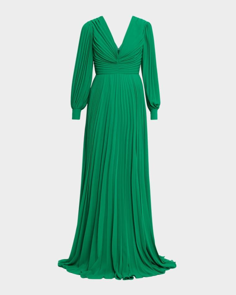 Pleated Blouson-Sleeve Georgette Gown by BADGLEY MISCHKA