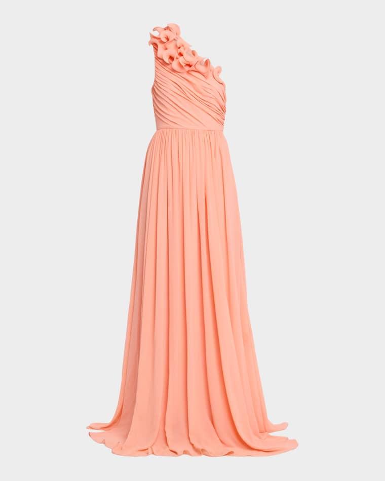 Pleated One-Shoulder Georgette Gown by BADGLEY MISCHKA