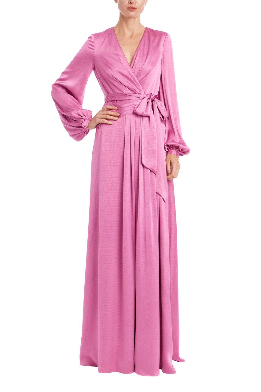 Satin Faux-Wrap Long Sleeve Gown by BADGLEY MISCHKA