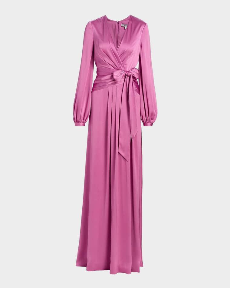 Satin Faux-Wrap Long Sleeve Gown by BADGLEY MISCHKA