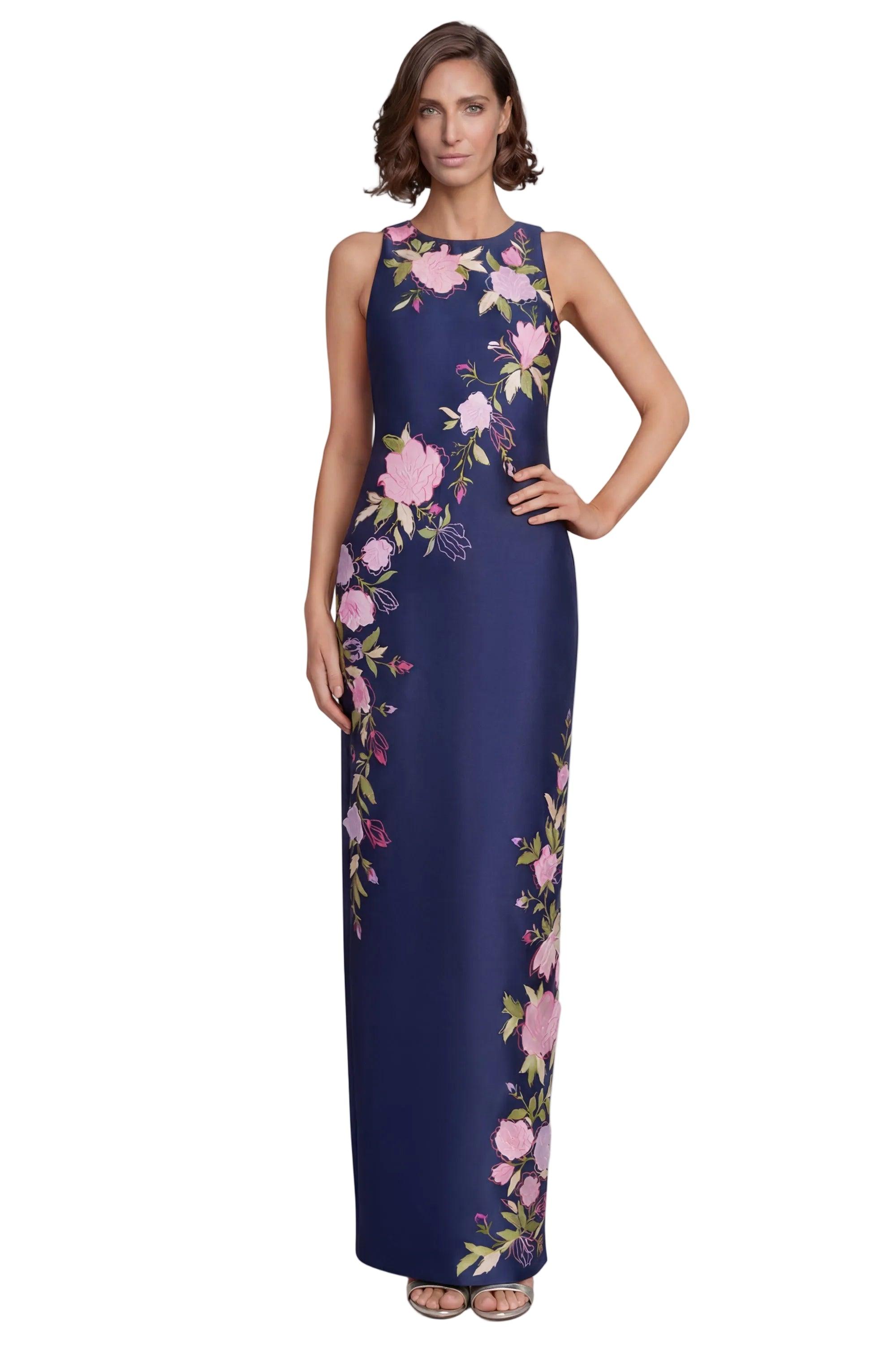 Sleeveless Embroidered Floral Column Gown by BADGLEY MISCHKA