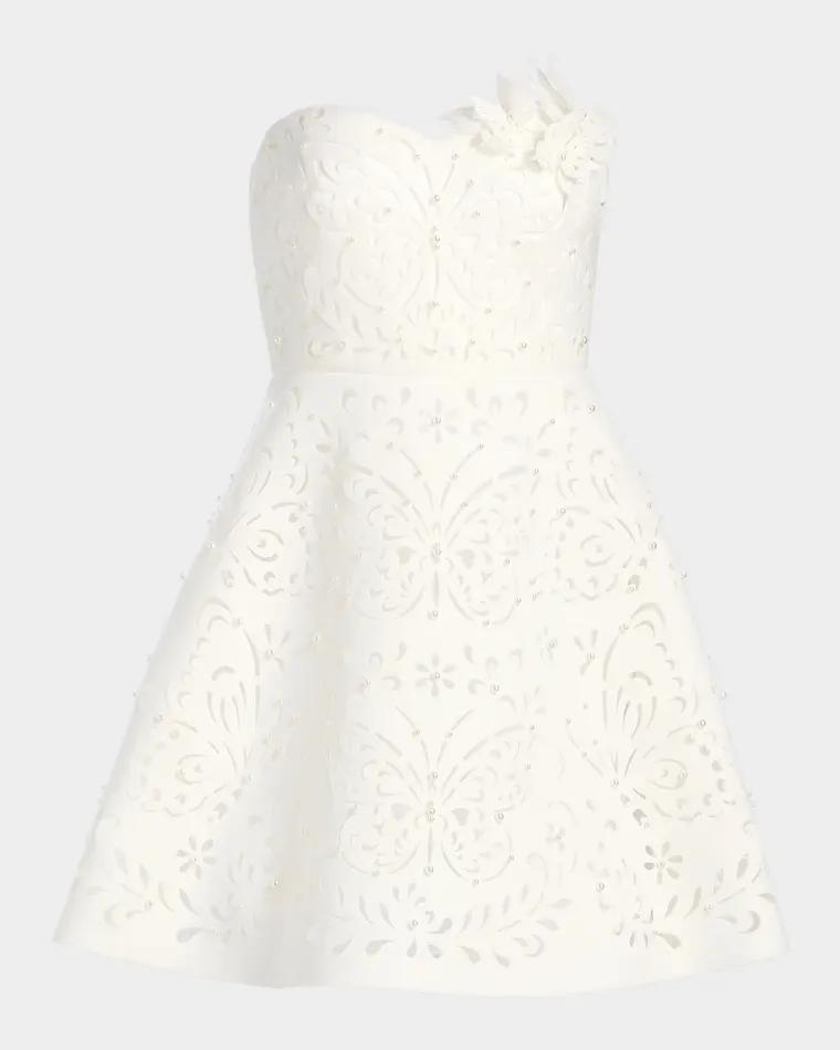 Strapless 3D Floral A-Line Mini Dress by BADGLEY MISCHKA