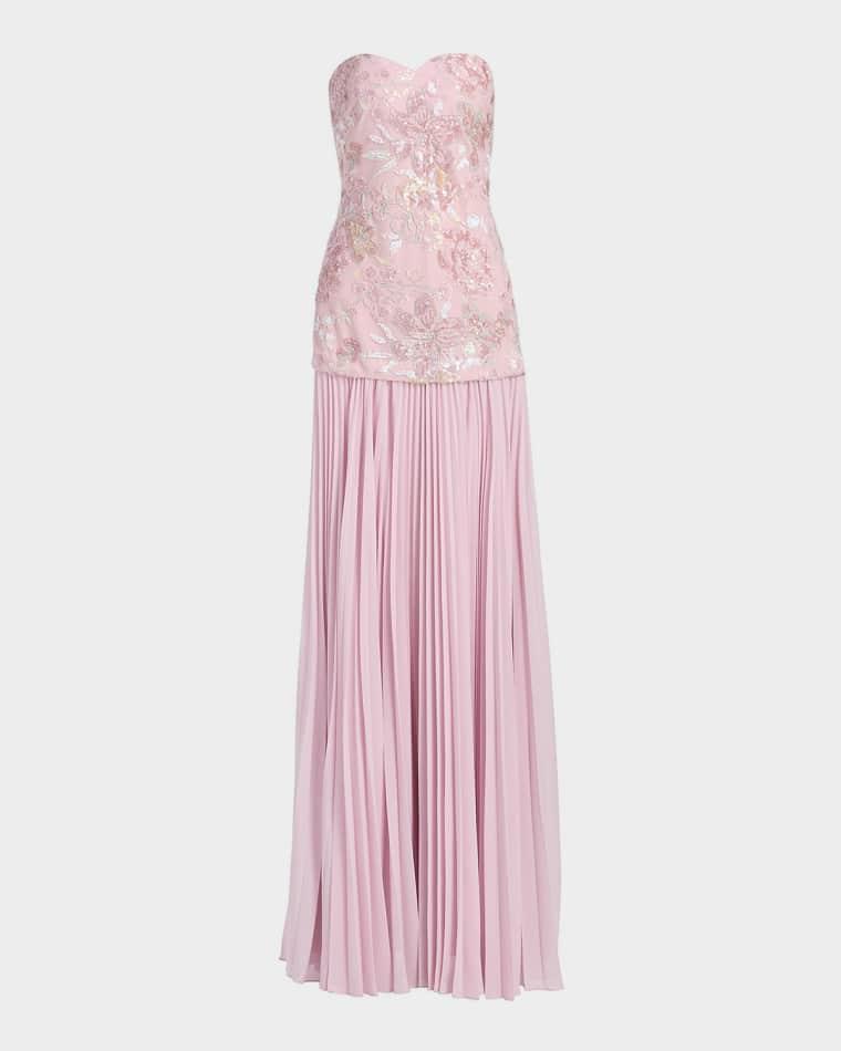 Strapless Beaded Bodice Dropwaist Gown by BADGLEY MISCHKA