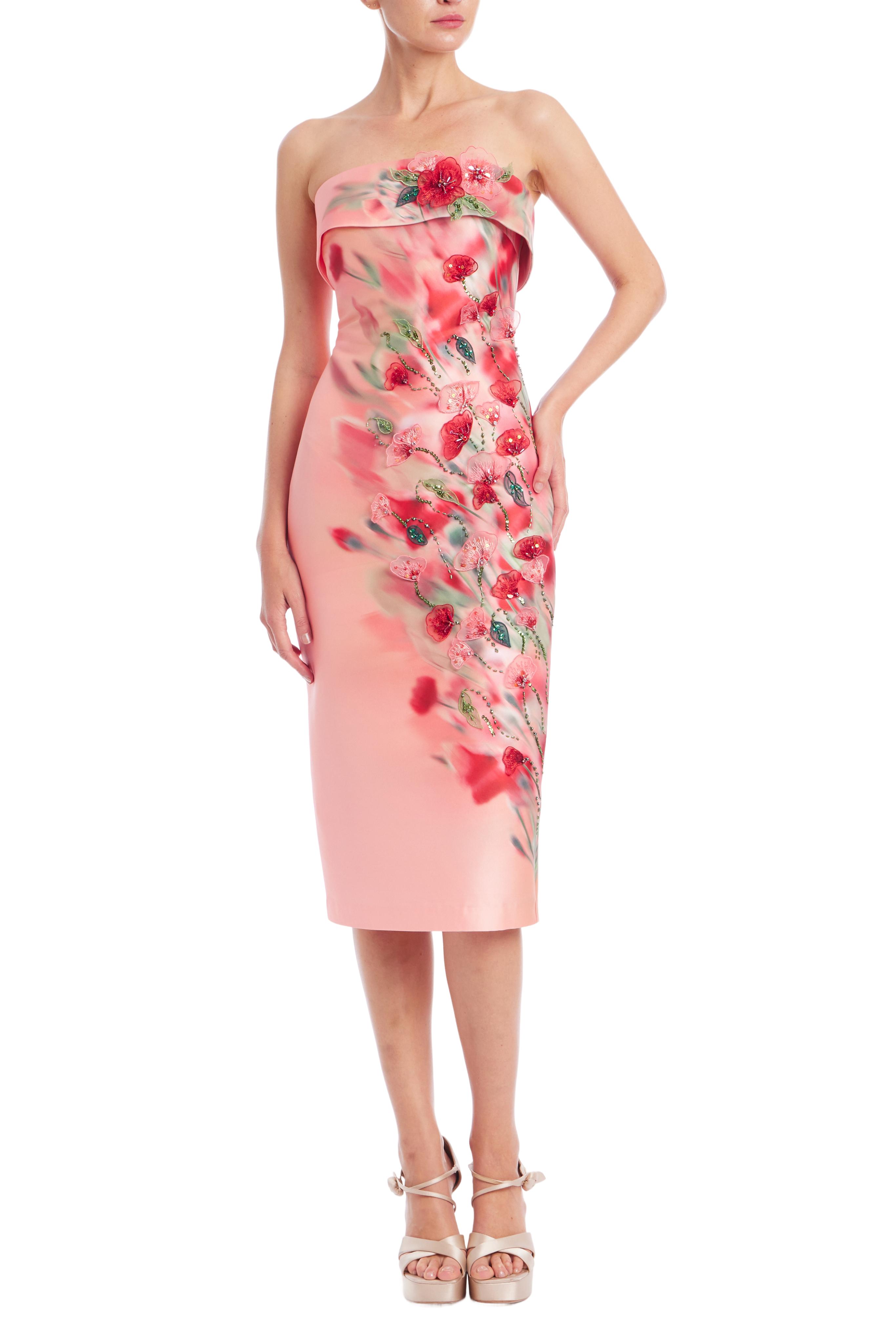 Strapless Beaded Floral Sheath Dress by BADGLEY MISCHKA