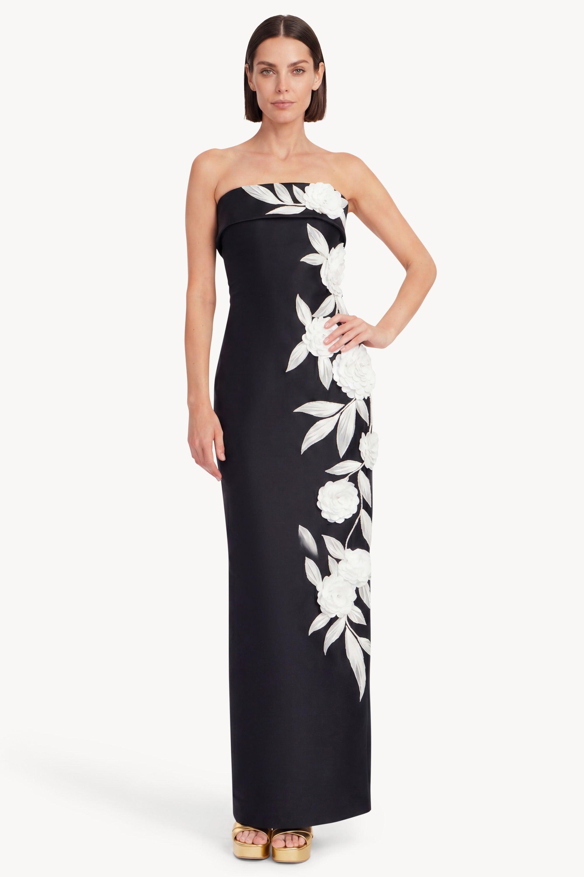 Strapless Floral Applique Column Gown by BADGLEY MISCHKA