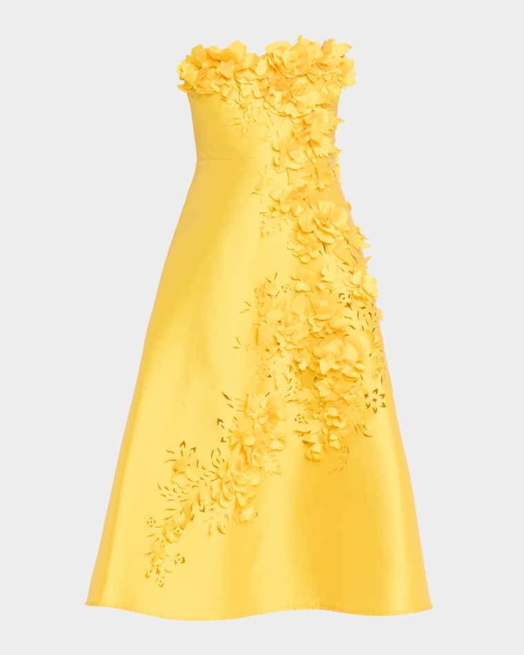 Strapless Floral Applique Gazar Midi Dress by BADGLEY MISCHKA